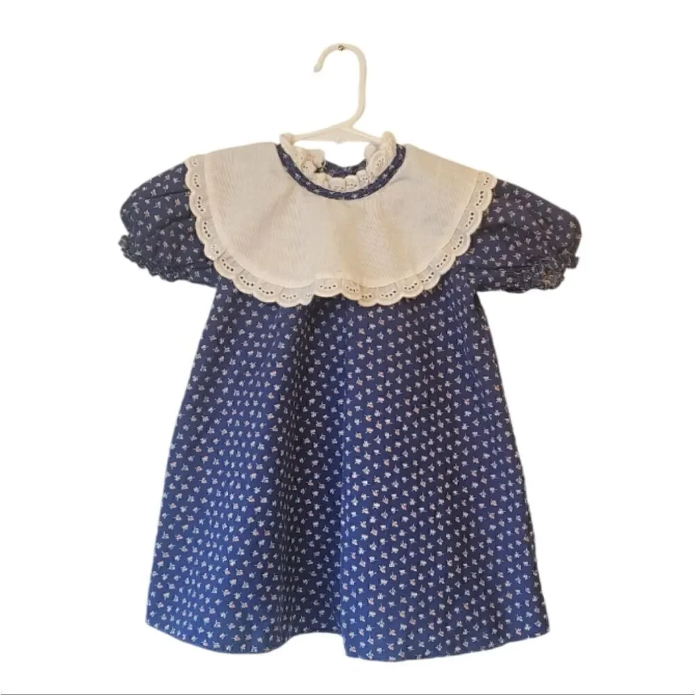 Vintage Navy Blue Floral Puff Sleeve Dress